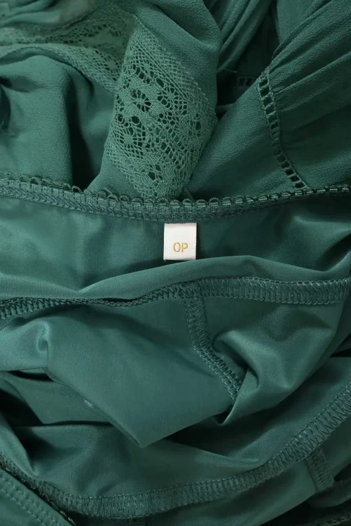 Green viscose peek-a-boo long sleeve midi dress with drawstring neckline and waist