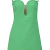 Green viscose-blend plunge sweetheart off-shoulder bustier dress