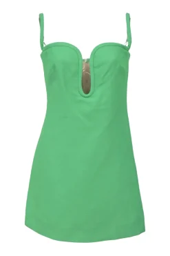Green viscose-blend plunge sweetheart off-shoulder bustier dress