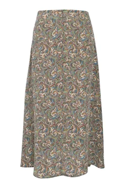 Green viscose-blend pull-on midi slip skirt featuring abstract paisley motif