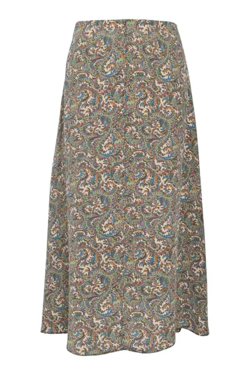 Green viscose-blend pull-on midi slip skirt featuring abstract paisley motif