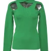 Green viscose-blend rib knit criss-cross turtleneck long sleeve cutout top