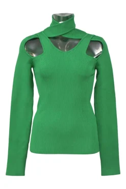 Green viscose-blend rib knit criss-cross turtleneck long sleeve cutout top