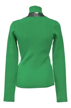 Green viscose-blend rib knit criss-cross turtleneck long sleeve cutout top