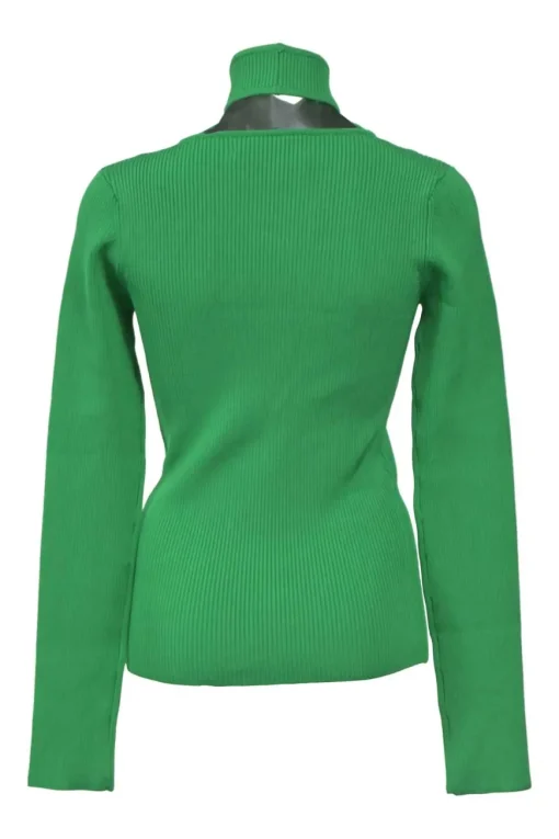 Green viscose-blend rib knit criss-cross turtleneck long sleeve cutout top