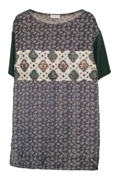 Green viscose-silk blend paneled metallic floral jacquard boatneck tunic top