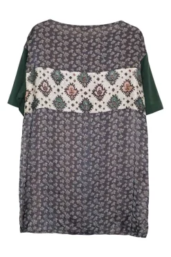 Green viscose-silk blend paneled metallic floral jacquard boatneck tunic top