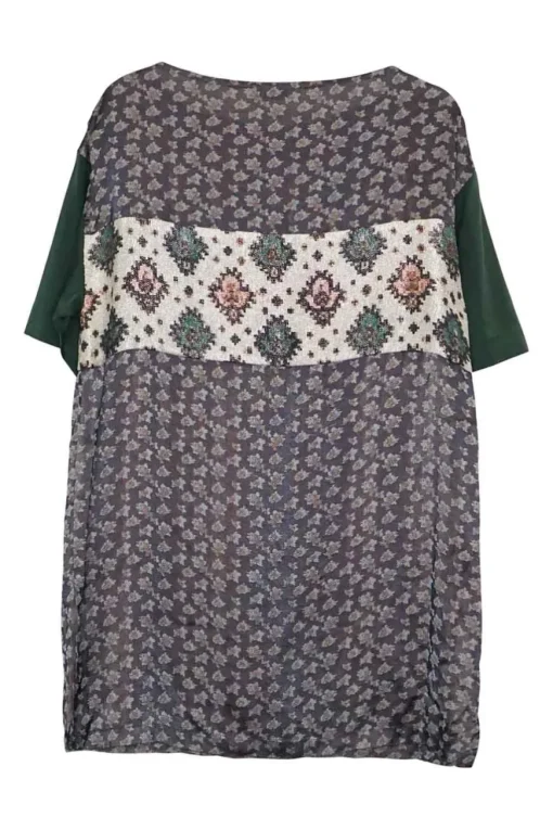 Green viscose-silk blend paneled metallic floral jacquard boatneck tunic top