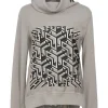 Grey alpaca-silk blend cowl neck hoodie with 'Carré Cube' foulard panel