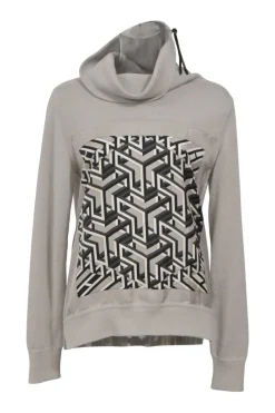 Grey alpaca-silk blend cowl neck hoodie with 'Carré Cube' foulard panel