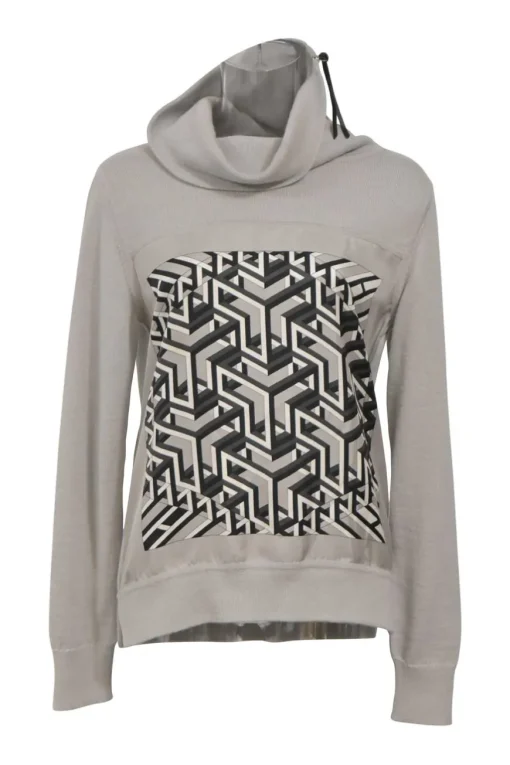 Grey alpaca-silk blend cowl neck hoodie with 'Carré Cube' foulard panel