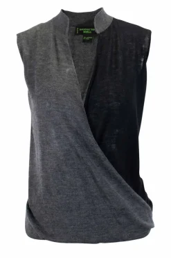 Grey and black front drape sleeveless top with hook fastening on the collar