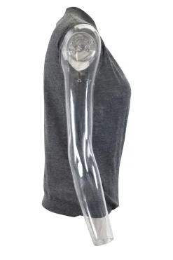 Grey and black front drape sleeveless top with hook fastening on the collar