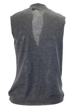 Grey and black front drape sleeveless top with hook fastening on the collar