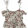 Grey and burgundy silk Luella floral print ruffle camisole with drawstring waist and ribbon tie straps
