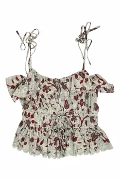 Grey and burgundy silk Luella floral print ruffle camisole with drawstring waist and ribbon tie straps