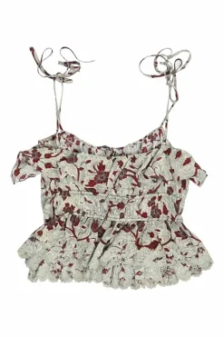 Grey and burgundy silk Luella floral print ruffle camisole with drawstring waist and ribbon tie straps