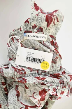 Grey and burgundy silk Luella floral print ruffle camisole with drawstring waist and ribbon tie straps