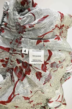 Grey and burgundy silk Luella floral print ruffle camisole with drawstring waist and ribbon tie straps