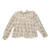 Grey and coral cotton voile abstract print band collar pintuck swing-style long sleeve top
