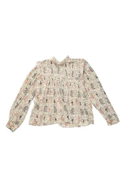 Grey and coral cotton voile abstract print band collar pintuck swing-style long sleeve top