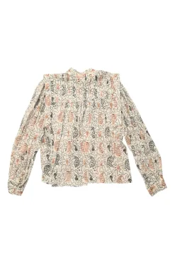 Grey and coral cotton voile abstract print band collar pintuck swing-style long sleeve top