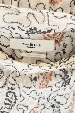 Grey and coral cotton voile abstract print band collar pintuck swing-style long sleeve top