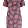 Grey and taupe tie-dye mini dress with pink dot pattern