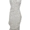 Grey and white bias-cut twist draped silk Trompe L'œil halter neck sheath dress featuring abstract floral lace motif