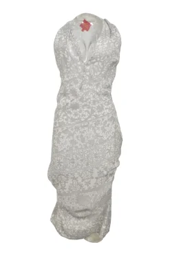 Grey and white bias-cut twist draped silk Trompe L'œil halter neck sheath dress featuring abstract floral lace motif