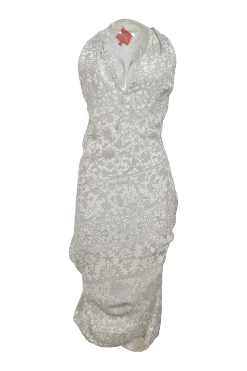 Grey and white bias-cut twist draped silk Trompe L'œil halter neck sheath dress featuring abstract floral lace motif