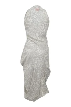 Grey and white bias-cut twist draped silk Trompe L'œil halter neck sheath dress featuring abstract floral lace motif