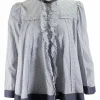 Grey and white stripe flare button-up top with ruffle on placket