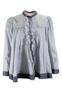 Grey and white stripe flare button-up top with ruffle on placket