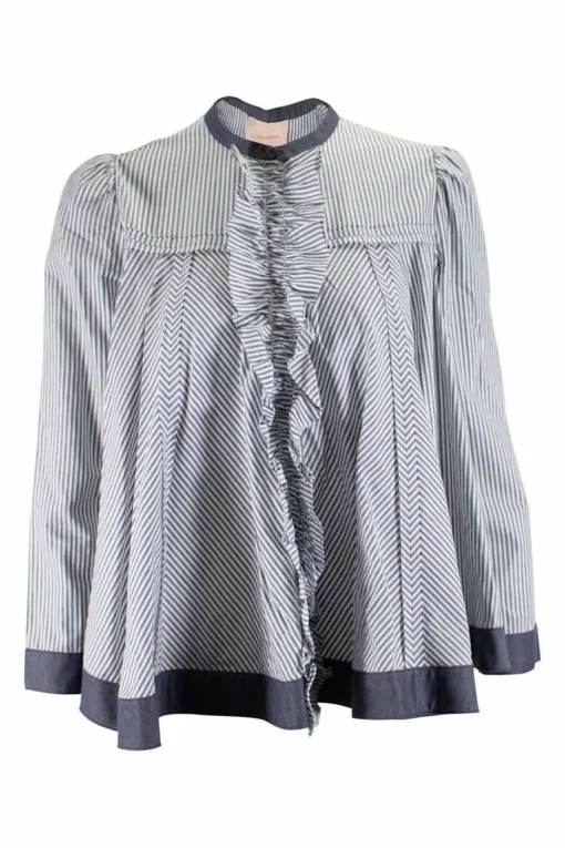 Grey and white stripe flare button-up top with ruffle on placket