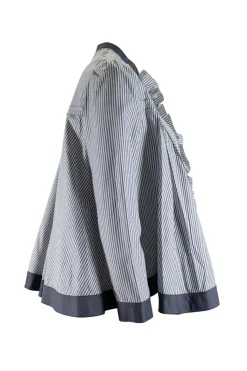 Grey and white stripe flare button-up top with ruffle on placket