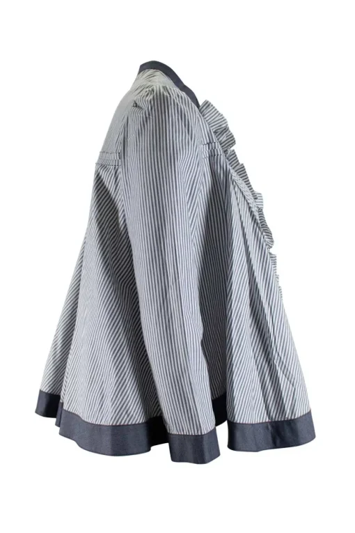 Grey and white stripe flare button-up top with ruffle on placket