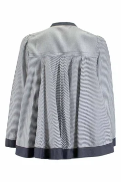 Grey and white stripe flare button-up top with ruffle on placket