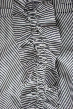 Grey and white stripe flare button-up top with ruffle on placket