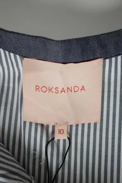 Grey and white stripe flare button-up top with ruffle on placket