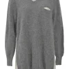 Grey angora-blend mixed-media V-neck pullover sweater with semi-sheer back panel