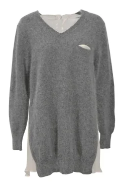 Grey angora-blend mixed-media V-neck pullover sweater with semi-sheer back panel