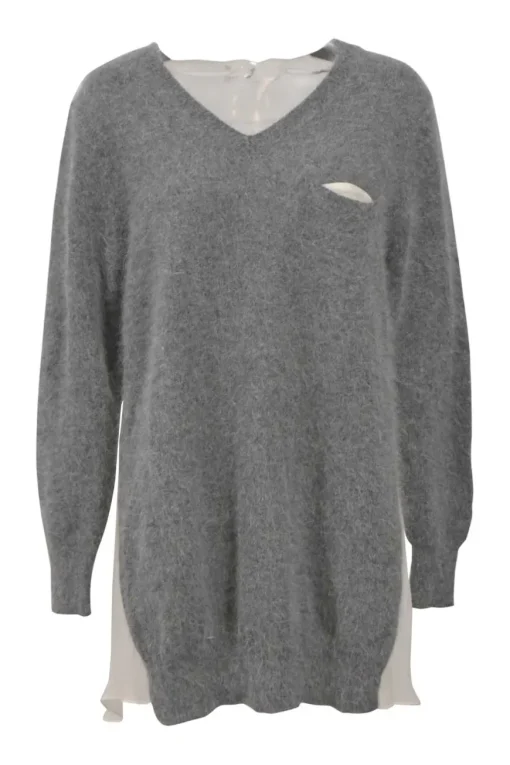 Grey angora-blend mixed-media V-neck pullover sweater with semi-sheer back panel