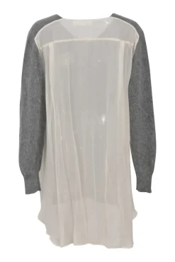 Grey angora-blend mixed-media V-neck pullover sweater with semi-sheer back panel