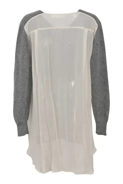 Grey angora-blend mixed-media V-neck pullover sweater with semi-sheer back panel