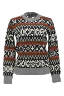 Grey argyle-style Winter Wonderland motif intarsia knit cashmere crewneck sweater