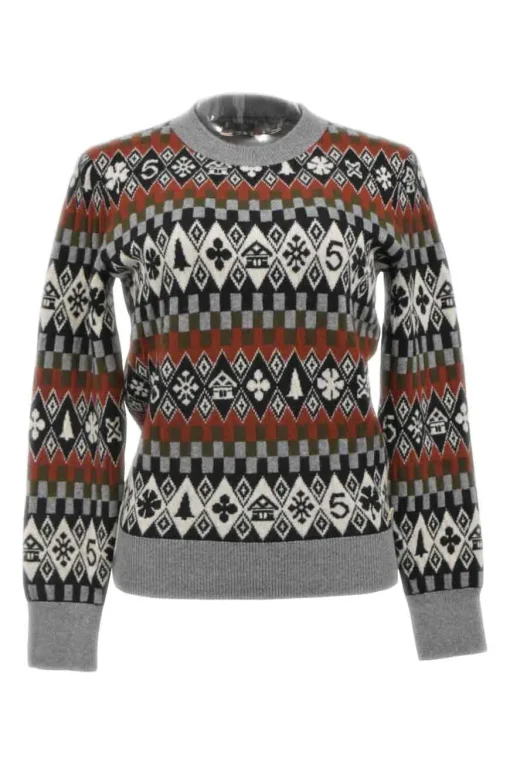 Grey argyle-style Winter Wonderland motif intarsia knit cashmere crewneck sweater