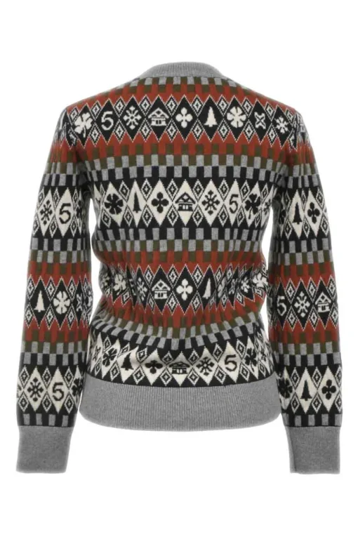 Grey argyle-style Winter Wonderland motif intarsia knit cashmere crewneck sweater