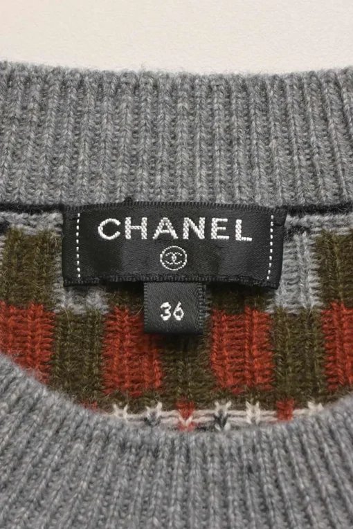 Grey argyle-style Winter Wonderland motif intarsia knit cashmere crewneck sweater