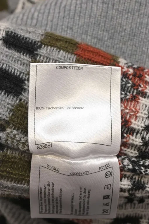 Grey argyle-style Winter Wonderland motif intarsia knit cashmere crewneck sweater